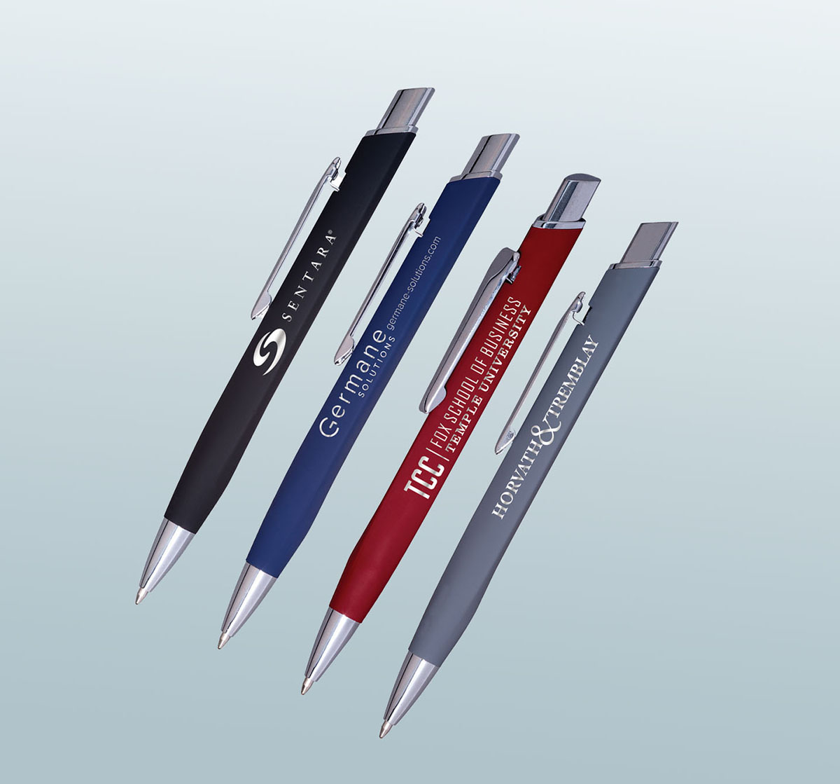 Examples of custom company pens branded with small business logos.